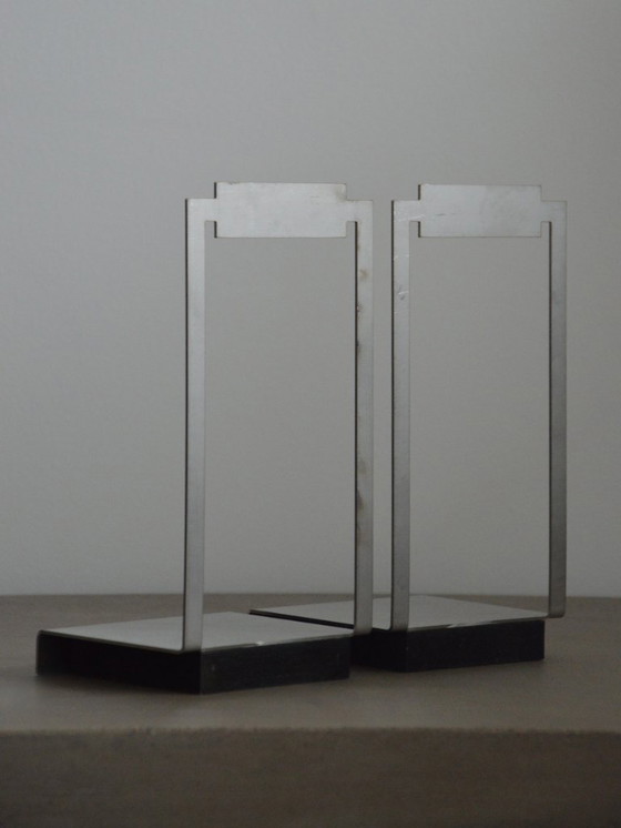Image 1 of Vintage Handcrafted Bookends in Brushed Steel and Wood - Modernist/Mid-Century Design, Unsigned