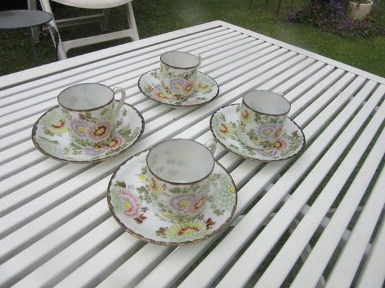 Image 1 of Vintage 4 Asian miniature cups and saucers with gold tone rims new condition