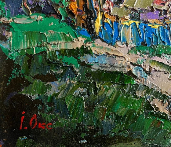 Image 1 of Original Oil Painting Sunset Village Landscape Cool wind in the evening