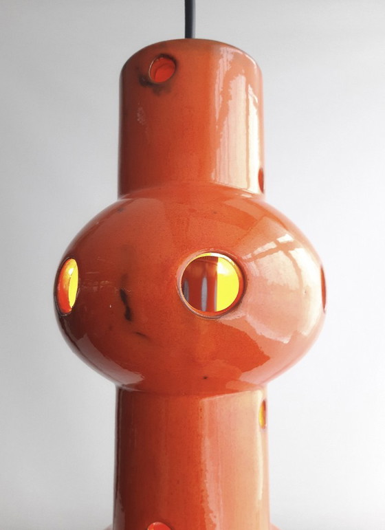 Image 1 of Suspension vintage en faïence orange, style « fat lava » d'Allemagne de l'Ouest, lampe suspendue rétro en céramique