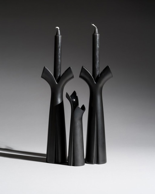 Lino Sabattini Rosenthal "Pianta" Porcelaine Noire Chic Bougeoir Duo & Vase