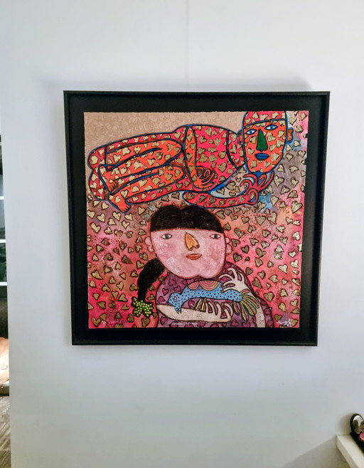 Œuvre de Shahid Parvez, « Douche d'amour », 85 × 85 cm, encadrée