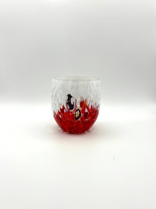 Juego de 6 vasos de vidrio soplado veneciano con efecto Murano Murrine fusionado en vidrio, hechos a mano en Italia.
