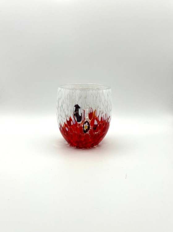 Image 1 of Juego de 6 vasos de vidrio soplado veneciano con efecto Murano Murrine fusionado en vidrio, hechos a mano en Italia.
