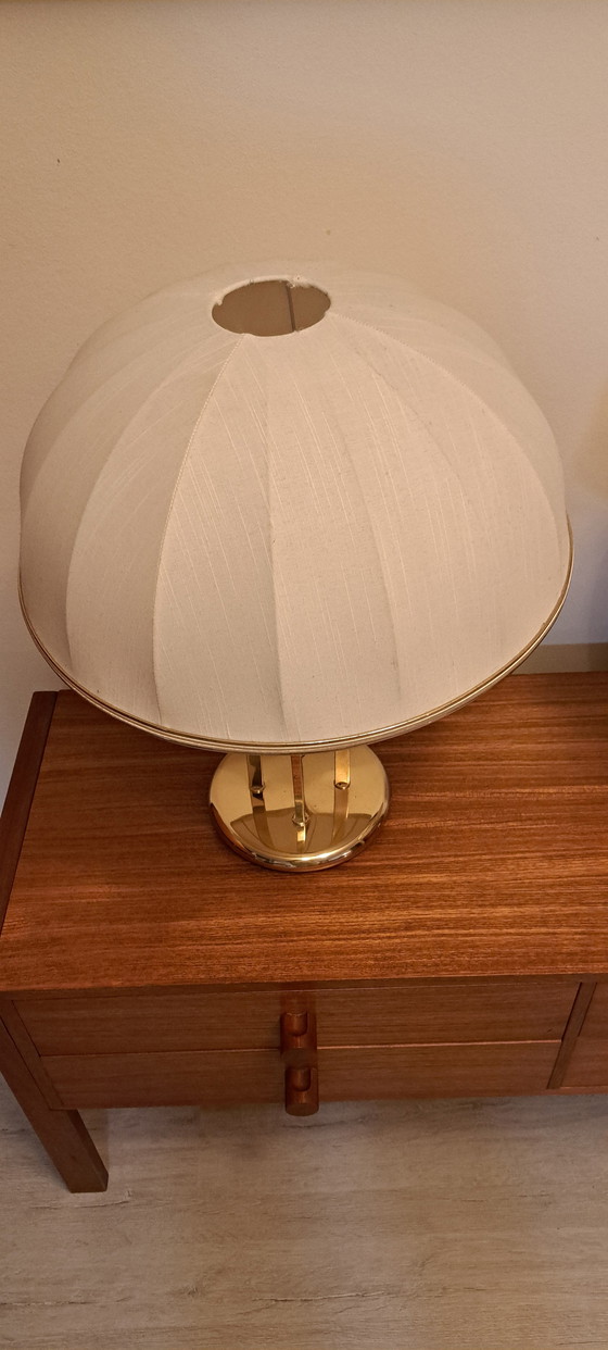 Image 1 of Pair of Hollywood Regency Brass Table Lamps with Pleated Dome Shades – Vintage 1970s – 50 cm