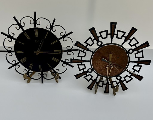 Two vintage wall clocks – wrought iron / mid-century design – Diehl & handmade copper clock