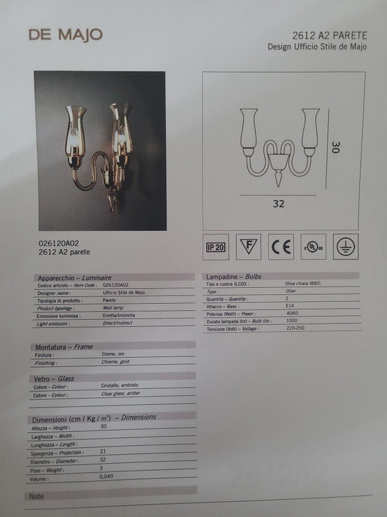 Image 1 of 4 original De Majo wall lamps, Murano, signed Italy