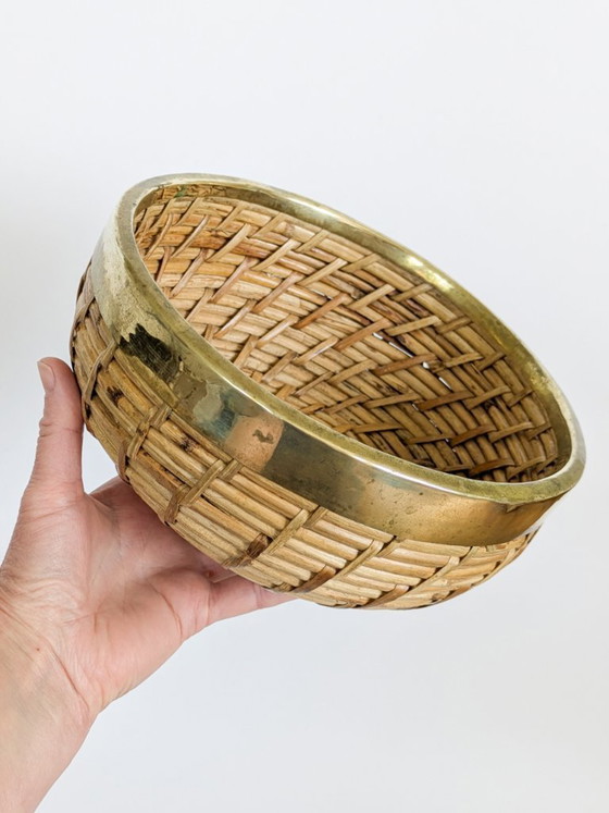 Image 1 of Vintage Rattan Brass Bowl Gabriella Crespi Style 1970s Handwoven Fruit Basket