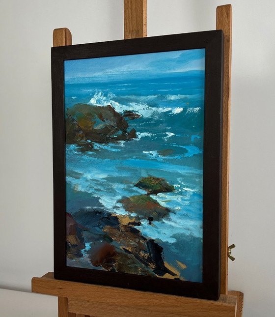 Image 1 of Origineel olieverfschilderij: een rotslandschap aan zee op een zonnige dag.