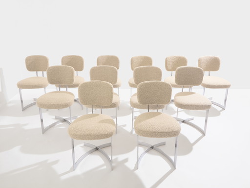 Paul Legeard Set di dodici sedie in acciaio inossidabile e lana bouclé, 1970