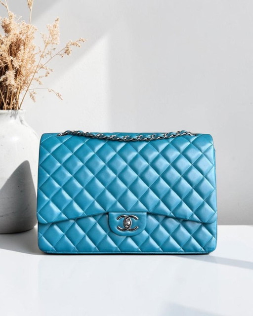 Chanel Classic Flap Maxi - Double Flap 33CM Quilted Lambskin Blue Silver Hardware Series 15