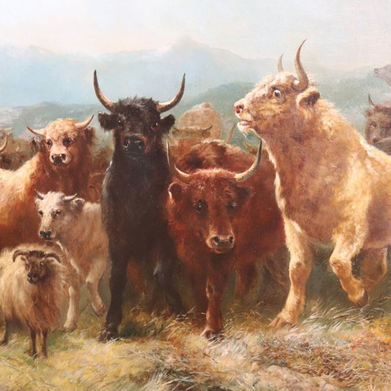 Image 1 of Large Oil Painting on Canvas, Herd of Cattle, Signed Watson W. 19th Century