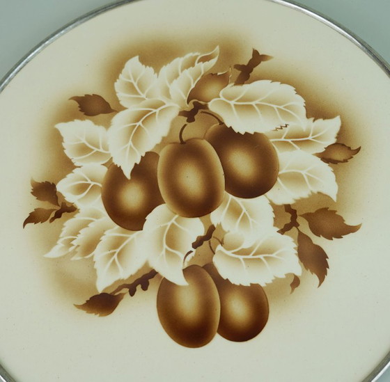 Image 1 of art nouveau art déco CAKE PLATTER cake plate ceramic and metal plum decor