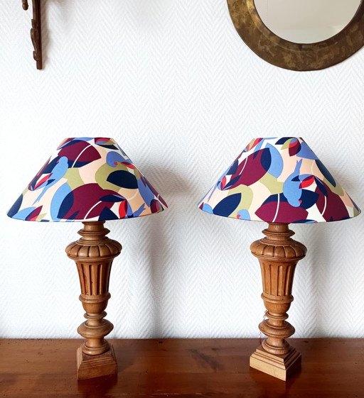 Pair of Medici turned wood lampshades made to measure