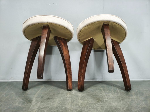 Pair of Art Deco Beech Wood Stools, 1940s, Newly Upholstered