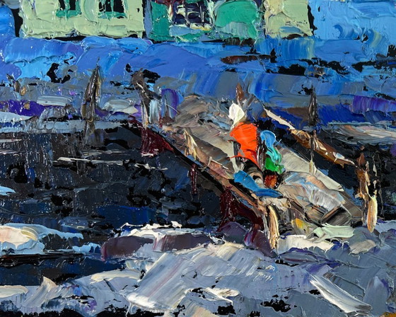 Image 1 of Original Oil Painting Winter River Landscape The evening light of the native house