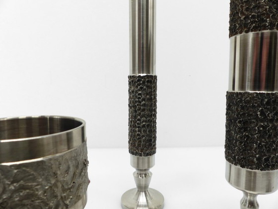 Image 1 of Set of 5 Brutalist steel vases and bowls 1970