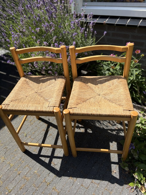 Ensemble de 2 tabourets de bar vintage des années 50 avec assises en jonc