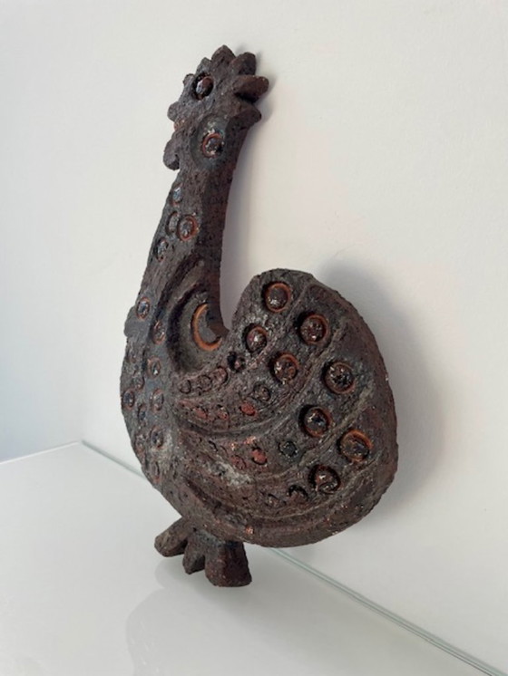 Image 1 of Zeldzame brutalistische wandsculptuur haan van keramiek