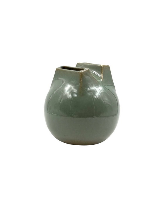 Image 1 of Mid-century Modern green spherical stoneware vase, Franco Bucci Italy ca. 1970