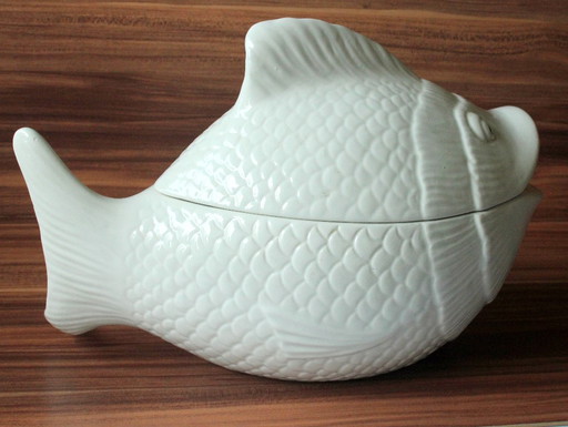 Large white ceramic fish-shaped tureen with lid