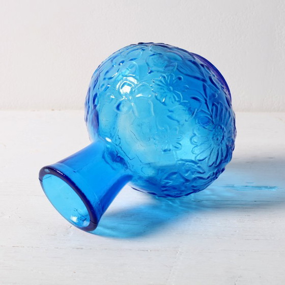 Image 1 of Vintage Small Blue Pressed Glass Vase with Flowers Pattern / Mid-century Home Decor / Italy / 1960s
