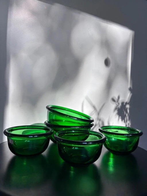 Arabia Finlandia - Juego de 5 cuencos luna de cristal verde vintage - Diseño Kaj Franck - Nuutajärvi - Años 70