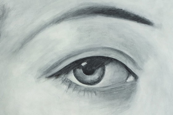 Image 1 of Evelyne Baget, Gemäldedetail eines Porträts einer jungen Frau. Zeitgenössisch.