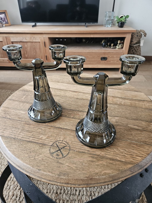 Bellissimo set di candelabri vintage Art Déco in vetro fumé (20 cm)