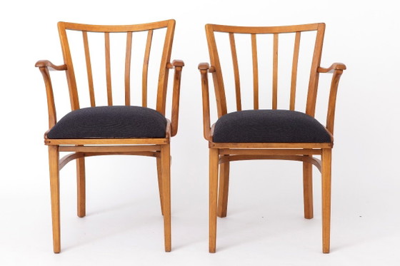 Pair of Vintage Beechwood Armchairs, 1960s–1970s, Dark Blue Upholstery, Mid-Century Modern Dining Chairs (photo 3 of 7)