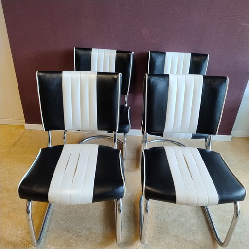 Sedie da pranzo Bel Air in stile retrò anni Cinquanta (4 rubini e 4 nere) – eetkamerstoelen, Plastic, Leather
