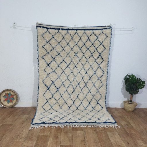 Modern Handmade Berber Rug – Handmade Berber Carpet | Cream Wool Moroccan Rug with Blue Geometric Patterns