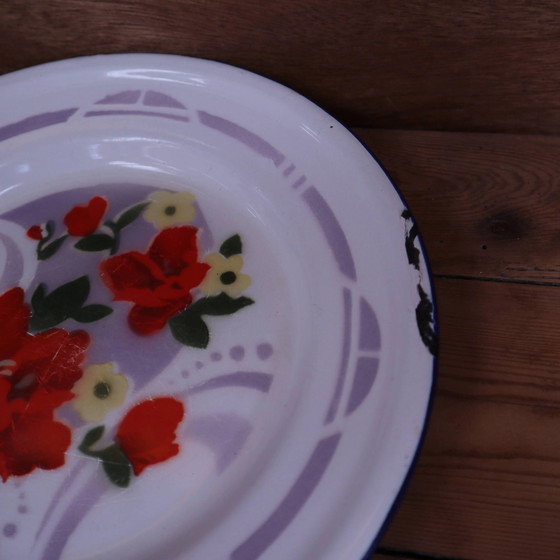 7 bedruckte florale Emaille-Teller "bon voyage" Made in China – Geschirr, Vintage (photo 7 of 12)