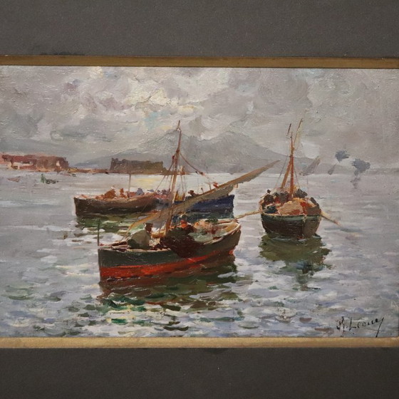 Image 1 of Gulf of Naples with Fishermen Signed R. Leone, Oil Painting on Board, Italy Early 20th Century
