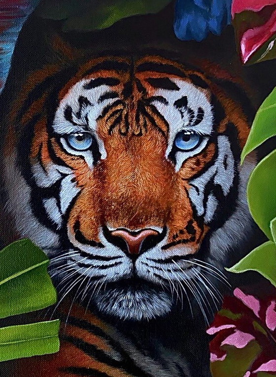 Original Oil Painting Portrait Animal Tiger in the Bushes – Paintings & Drawings, Canvas (photo 6 of 8)