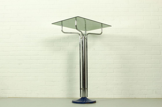 Image 1 of Vintage verchroomde consoletafel met glazen blad – modernistisch design uit de jaren 70