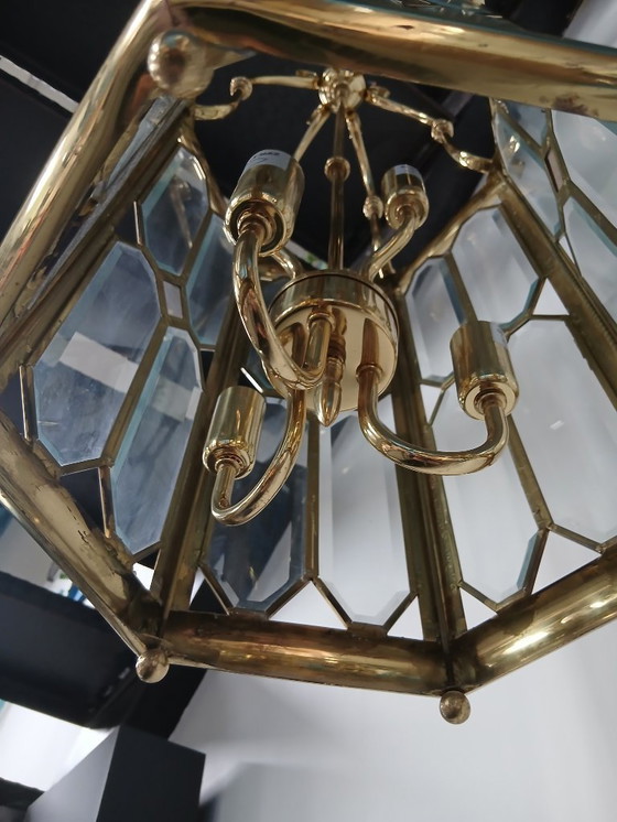 Image 1 of Enorme lanterna a sospensione Lustre Française in vetro Biseauté e Laiton Poli