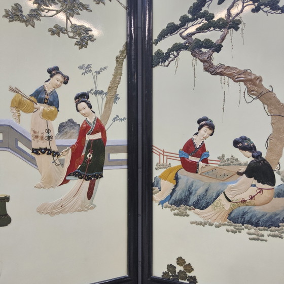 Vintage Chinees Dubbelzijdig Kamerscherm Dames In Landschap / Oosters / Aziatisch / Bohemian Paravent (photo 4 of 15)
