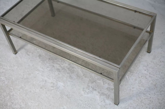 Image 1 of Tavolino da caffè a due ripiani in acciaio e vetro fumé