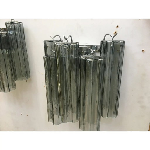 A Pair of Contemporary Murano Glass Wall Sconces in Gray Color With a Kromo Metal Frame, Mazzega Zuccheri Venini Barovier Style