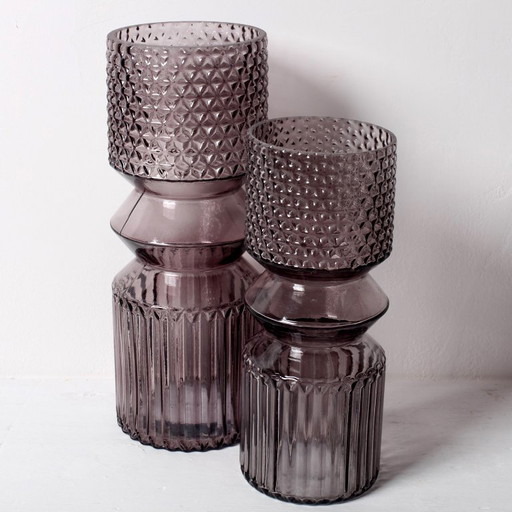 Set of 2 Smoky Purple Glass Vases / Mid-Century Modern Italian Decor / 1990s