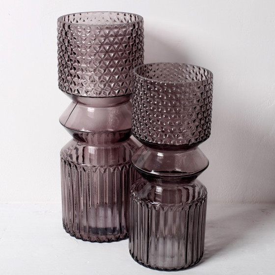 Image 1 of Set of 2 Smoky Purple Glass Vases / Mid-Century Modern Italian Decor / 1990s