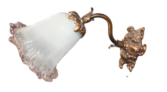Antike Jugendstil-Tischlampe aus Bronze mit Glasblüte – ca. 31 cm hoch – Wandleuchten (photo 3 of 7)