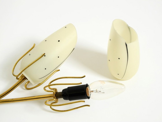 Image 1 of Wunderschöne, extrem seltene Messingwandlampe aus der Mitte des 20. Jahrhunderts mit bemalten Glasschirmen