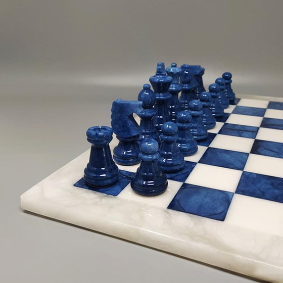 Image 1 of 1970s Elegant Blue and White Chess Set in Volterra Alabaster Handmade. Made in Italy