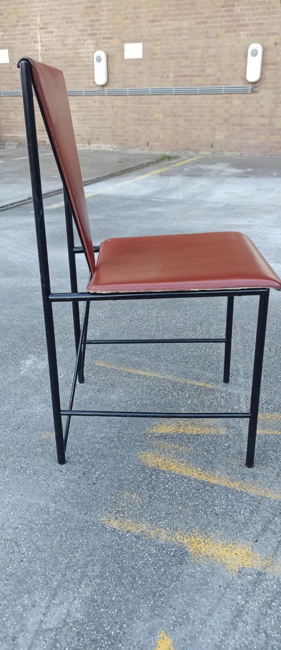 Image 1 of 4 x Vintage Postmoderne Leren Eetkamerstoelen