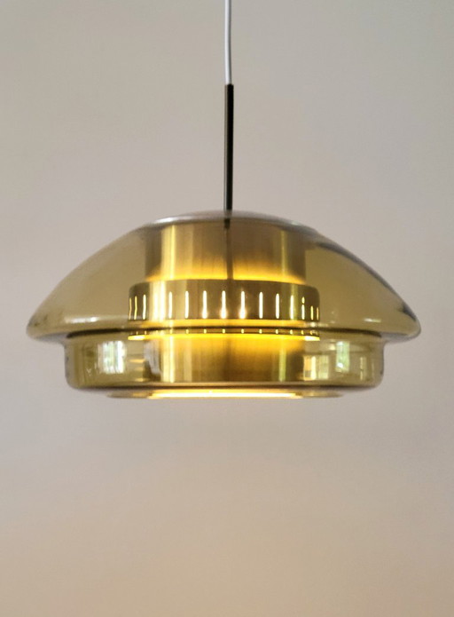 Dijkstra Space Age pendant lamp with amber glass, Netherlands 1970
