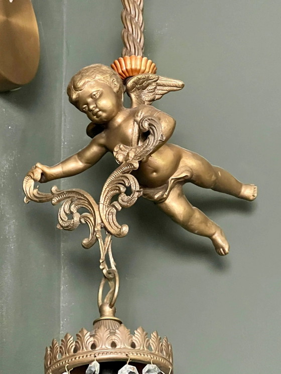 Originele Art Nouveau Lamp met vliegende bronzen cherubijn en kristalglas, circa 1915. Vintage Bronzen Engel (photo 5 of 10)