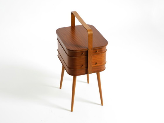 Image 1 of Beautiful original Mid Century teak sewing box with hinged compartments