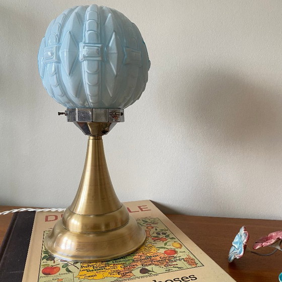 Image 1 of Vintage Art Deco Modernist Lamp in Blue Opaline Glass and Brass